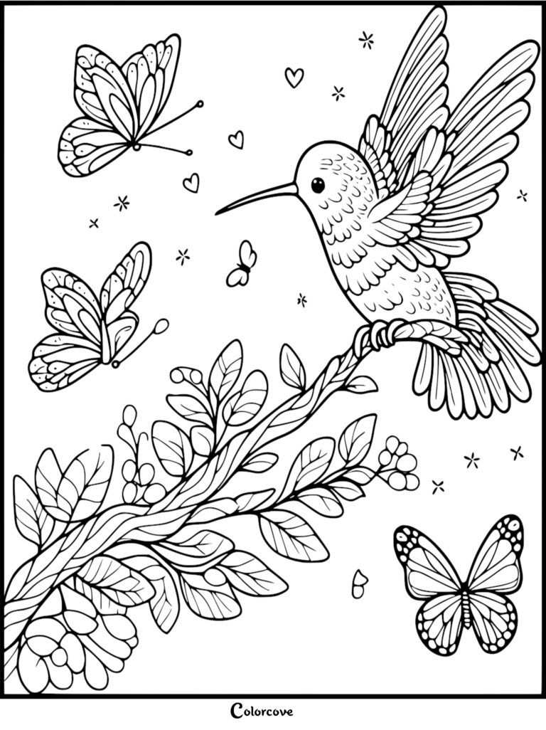 Hummingbird perched on a leafy branch surrounded by butterflies in this free printable coloring page.