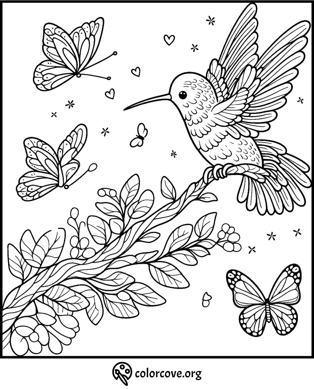 Hummingbird and butterflies in a floral coloring page for relaxation and creativity.