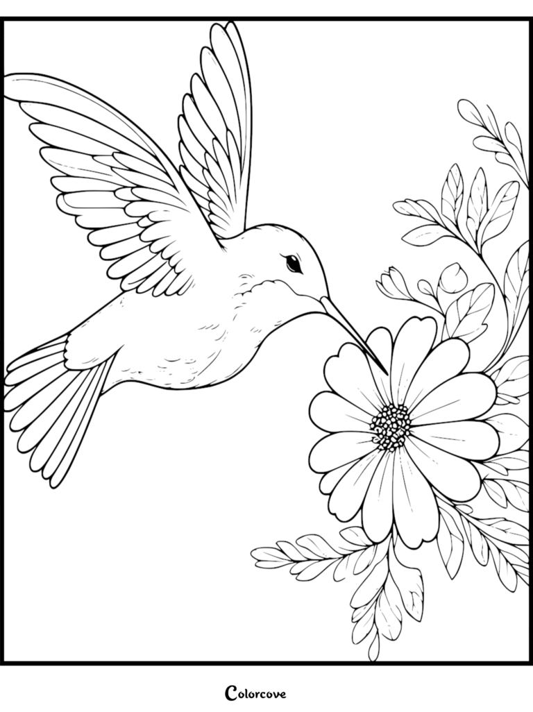 A hummingbird hovering near a blooming flower in this printable coloring page.