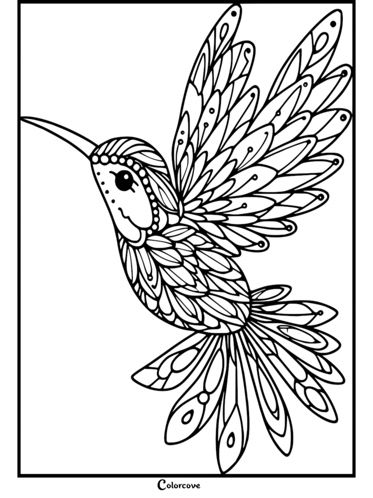 Intricate mandala style hummingbird coloring page with detailed feather patterns and spread wings.