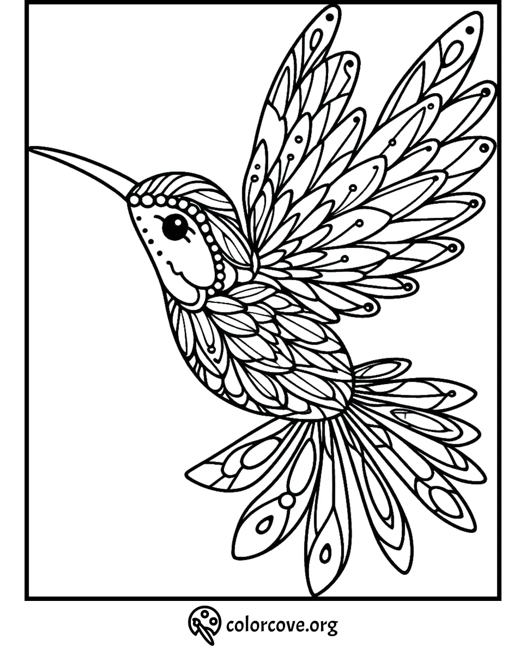 Black and white hummingbird coloring page with intricate patterns for relaxing and creative adult coloring fun.