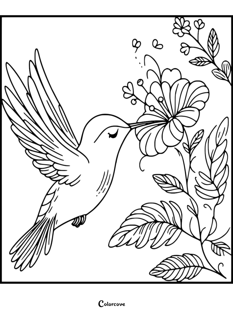 A hummingbird hovering near a large blooming flower in this printable coloring page.