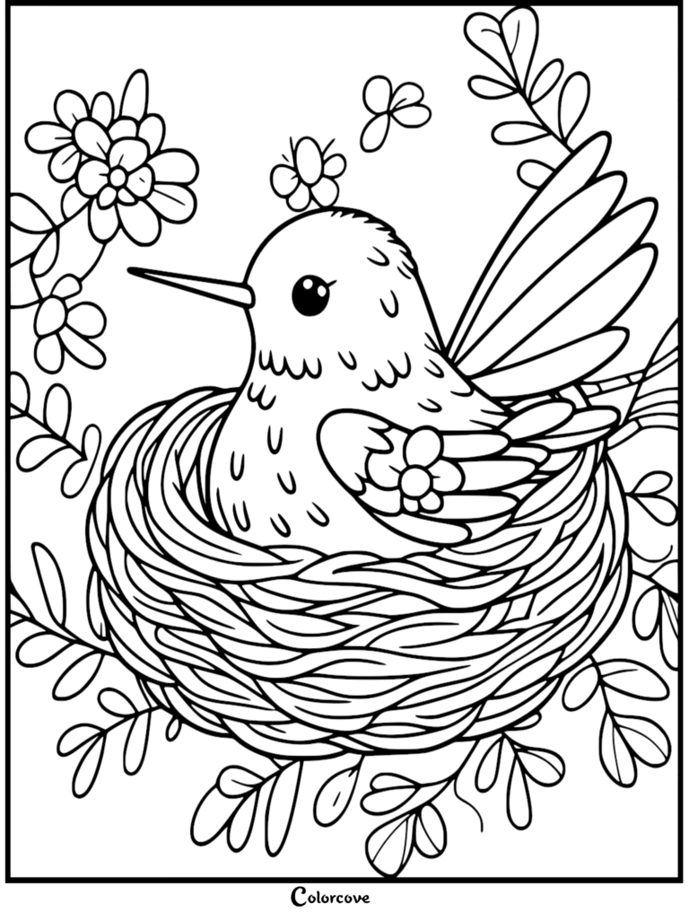 A cute hummingbird sitting in a woven nest surrounded by flowers, printable coloring page.