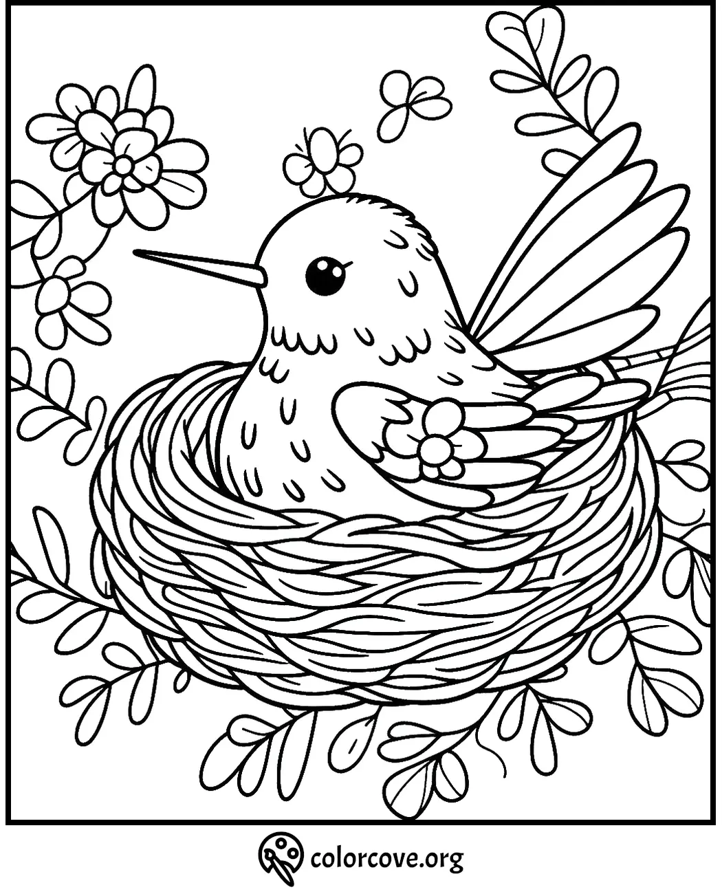 Cute bird nestled in a floral branch nest coloring page with flowers and leaves, designed for relaxation and creativity.