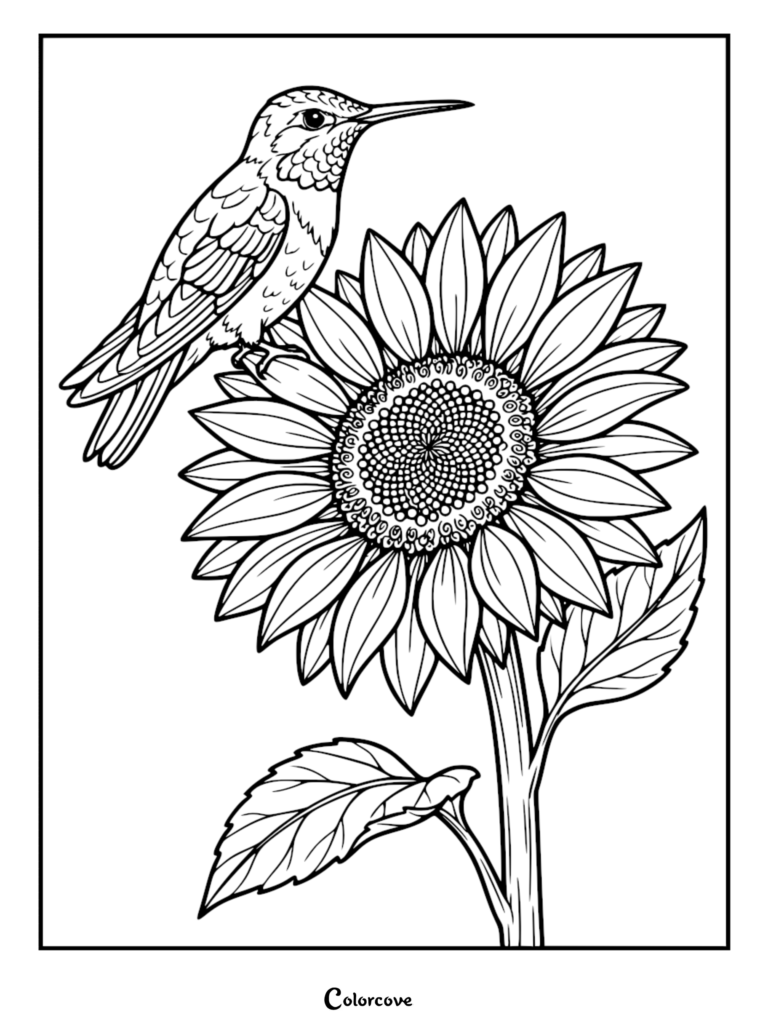 A detailed hummingbird coloring page featuring a bird perched on a large sunflower.