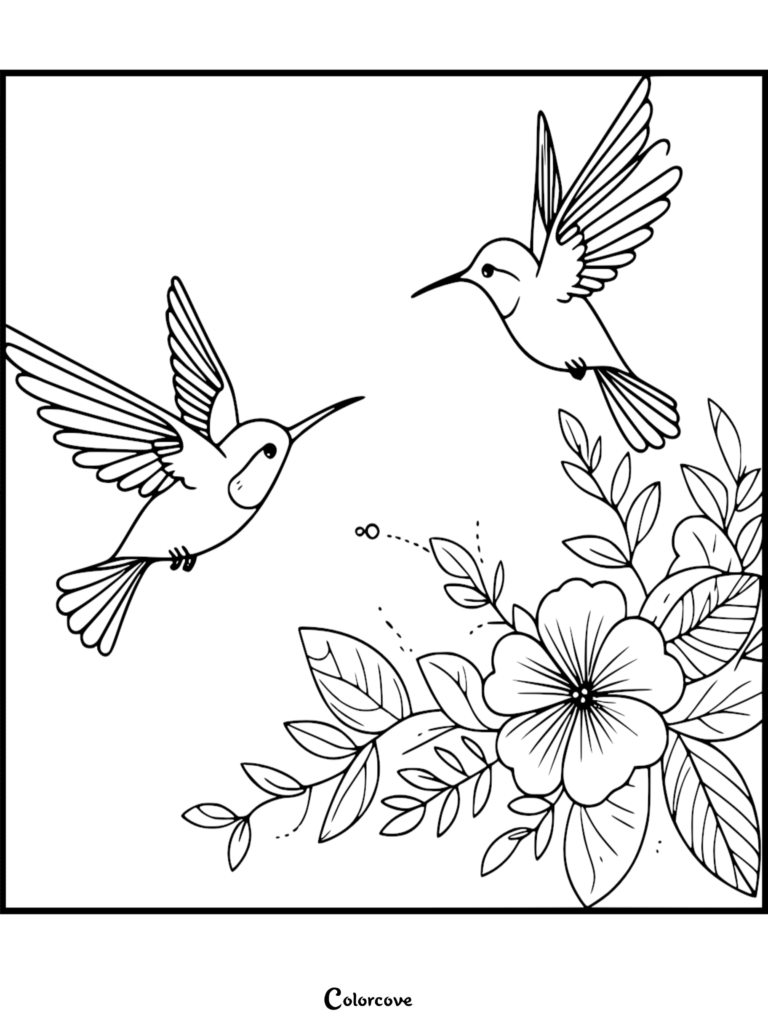 Two hummingbirds flying near a flower in this free printable coloring page.