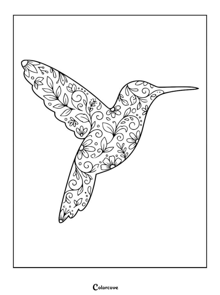 A detailed hummingbird coloring page featuring intricate floral and swirl patterns inside the bird's silhouette.