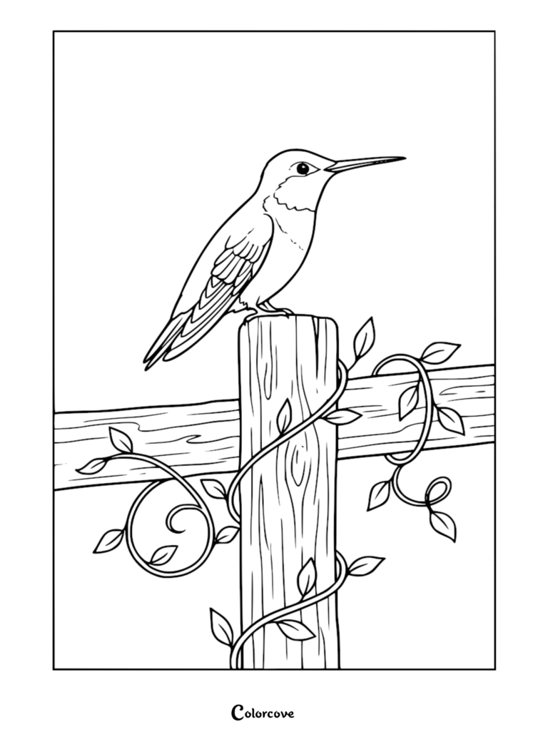 A hummingbird perched on a wooden fence post wrapped in vines in this free printable coloring page.