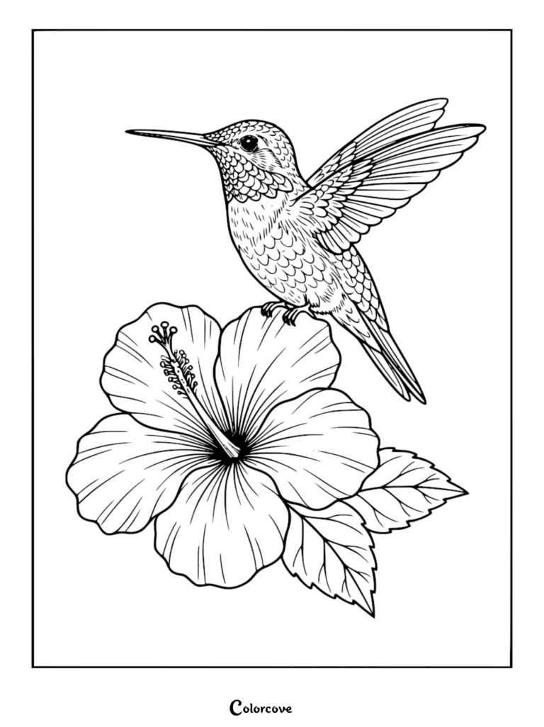 A detailed hummingbird coloring page featuring a bird perched on a large hibiscus flower.