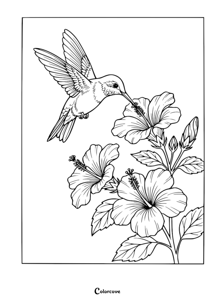 Hummingbird feeding on nectar from beautiful hibiscus flower blossoms.
