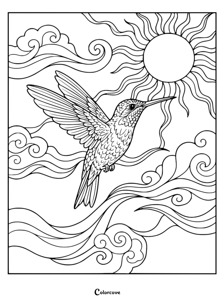 A detailed hummingbird coloring page featuring the bird flying amidst stylized swirling clouds and a radiant sun.