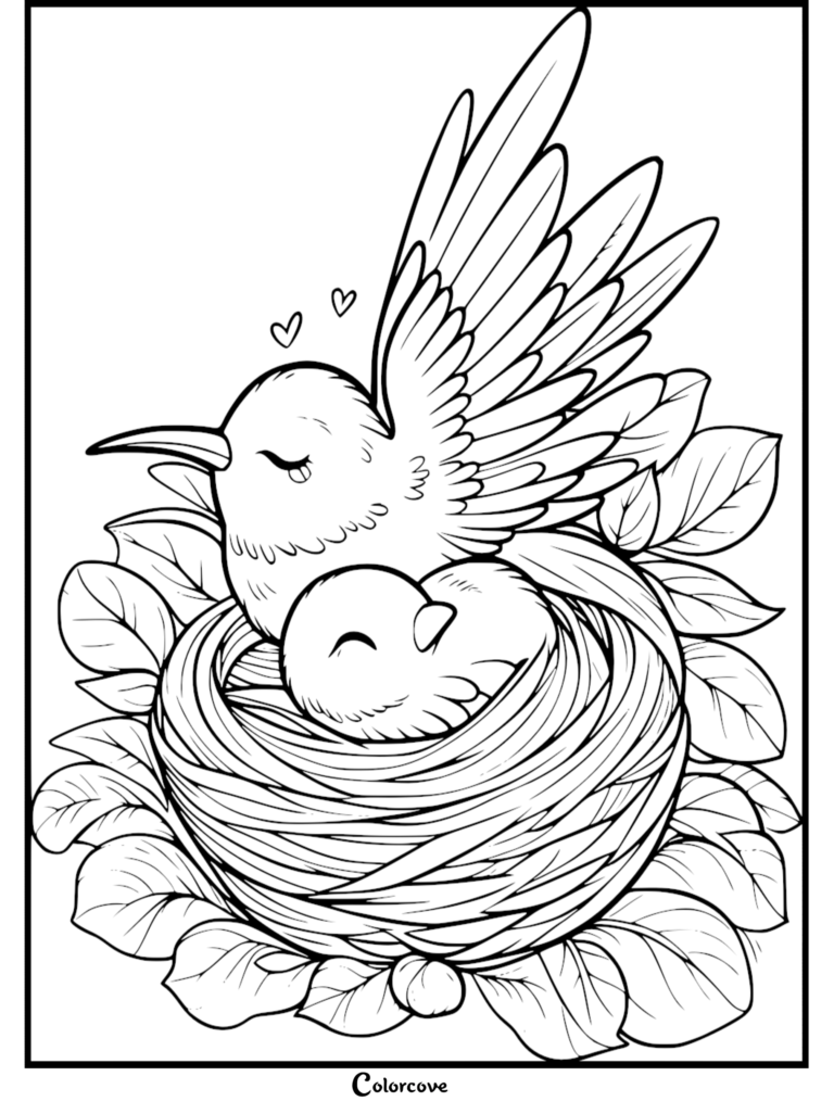 A mother hummingbird hovering over her baby in a nest, featured in this free printable hummingbird coloring page.