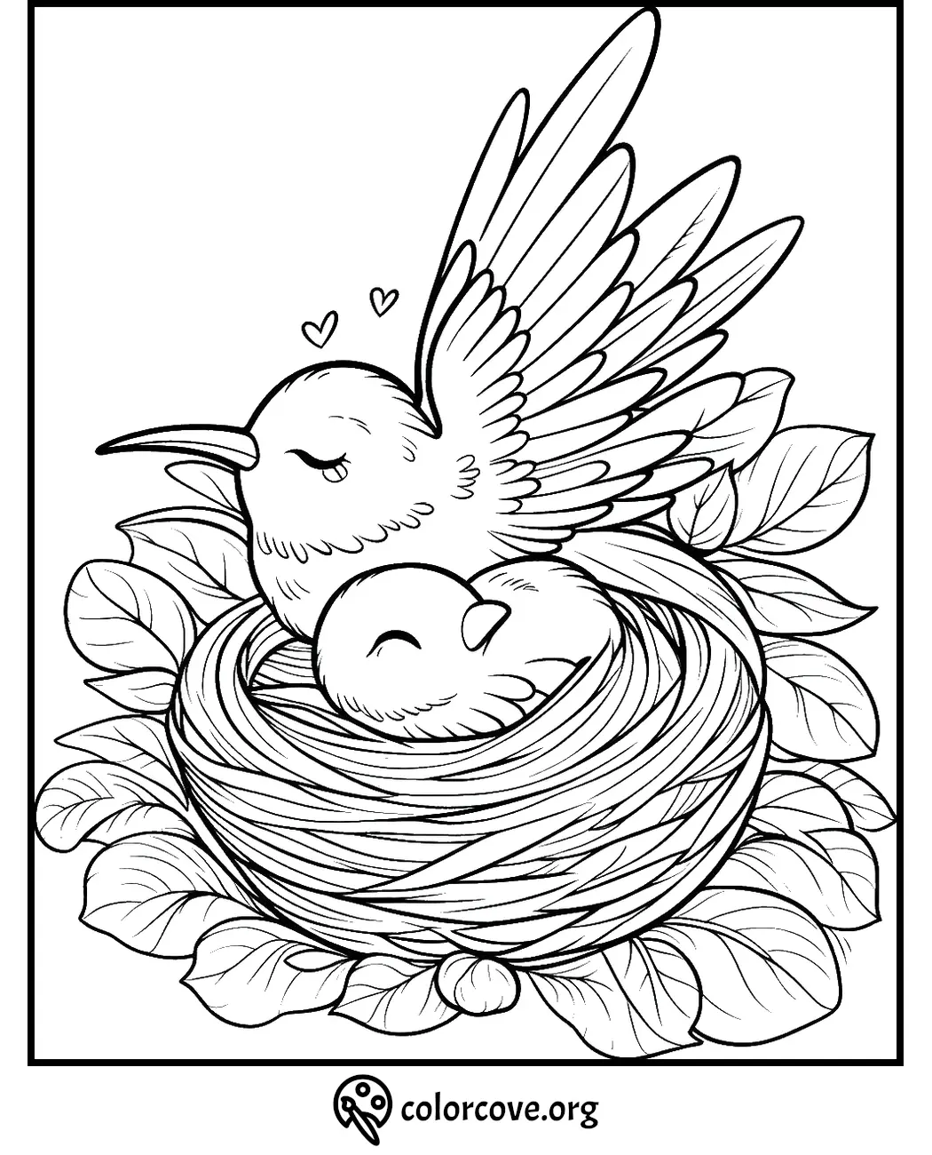 Birds in a nest coloring page, featuring a parent and baby bird with leaves, perfect for kids' nature-themed activities.