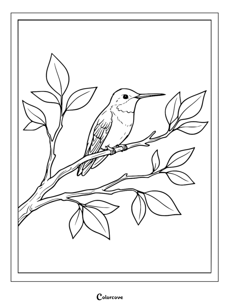 A detailed hummingbird perched on a leafy branch in this free printable coloring page.