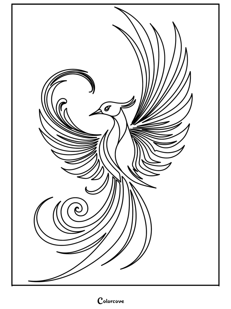 A stylized line art coloring page featuring a graceful phoenix with sweeping wings and a long, swirling tail.