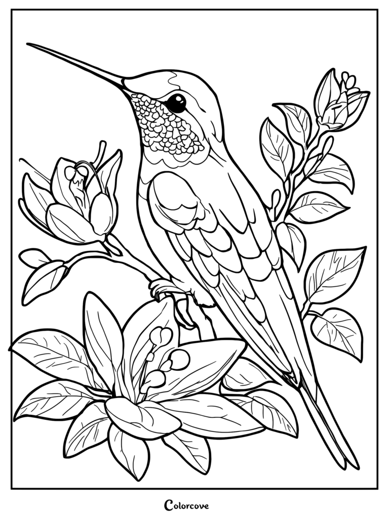 A detailed hummingbird coloring page featuring the bird perched on a branch surrounded by large blooming flowers and leaves.