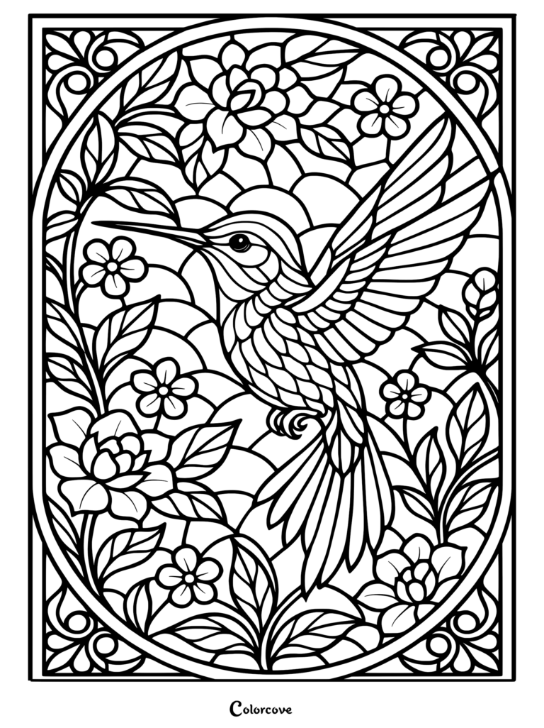 A hummingbird hovering among flowers in a stained glass style coloring page with bold outlines.