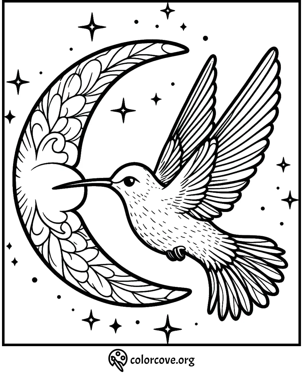 Hummingbird hovering by a decorative crescent moon with stars in a coloring page design.