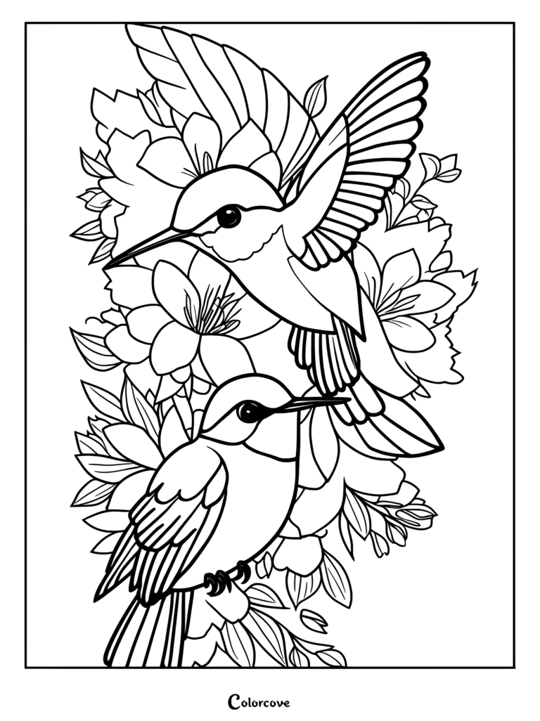 A printable coloring page featuring one hummingbird hovering above another perched hummingbird surrounded by detailed floral blossoms.