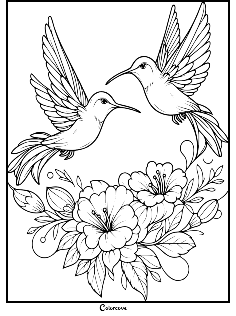 Two hummingbirds hovering over a cluster of flowers in this free printable coloring page.