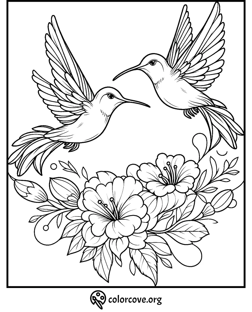 Hummingbird coloring page featuring two birds and floral designs, perfect for mindfulness and relaxation.