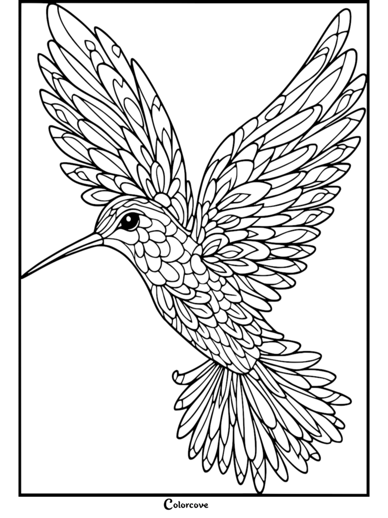 Intricate hummingbird coloring page featuring detailed feather patterns and wings spread wide in flight.