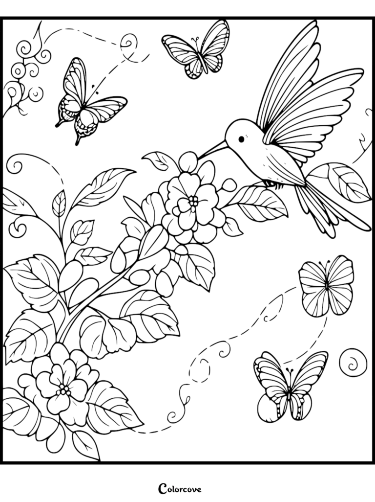 Hummingbird hovering near a flowering branch with four butterflies in this printable coloring page.