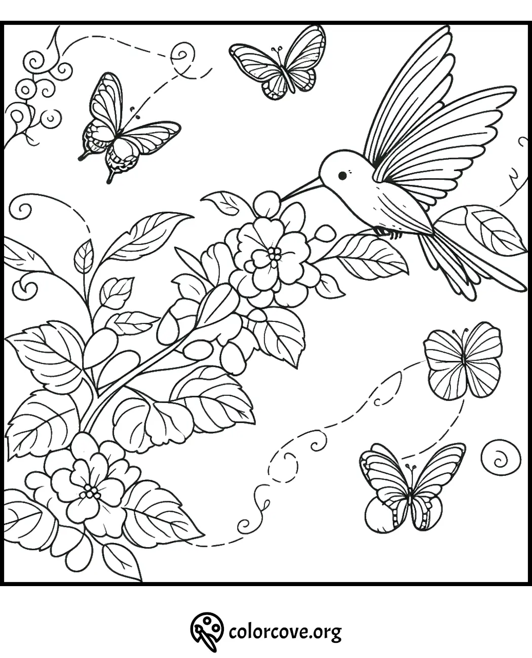 Hummingbird and butterflies flying around detailed floral blooms coloring page. Relaxing nature-themed design for adults.