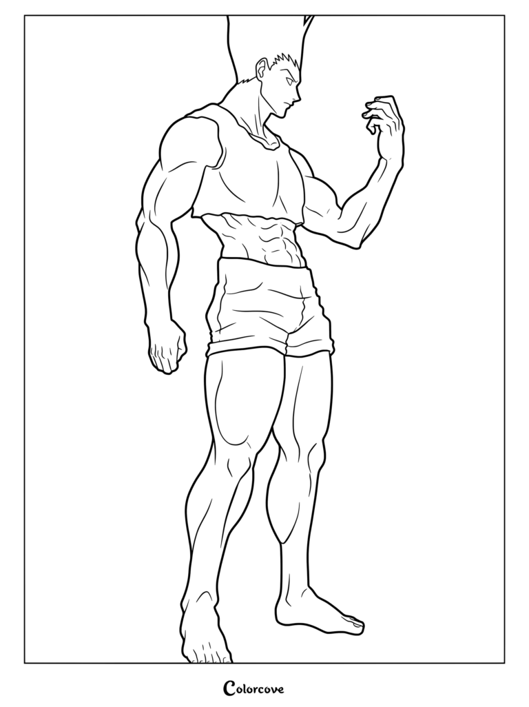 Coloriage de Gon adulte de Hunter x Hunter présentant des cheveux hérissés extrêmement longs et un physique musclé