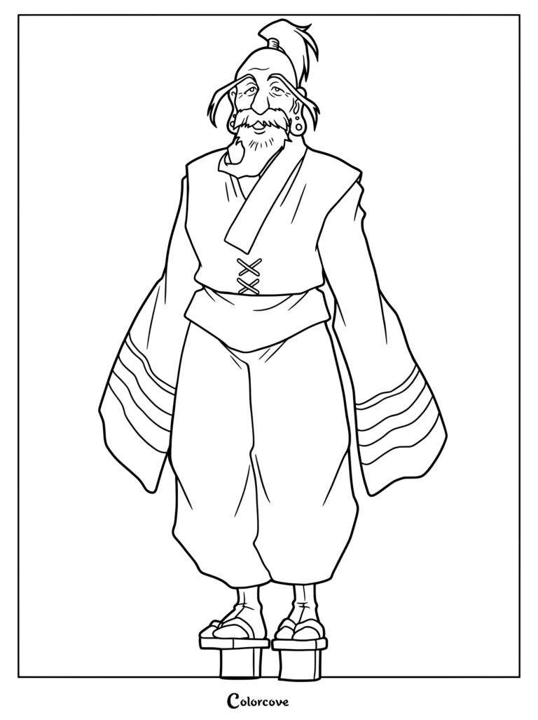 Page de coloriage d'Isaac Netero debout en tenue traditionnelle d'arts martiaux de Hunter x Hunter