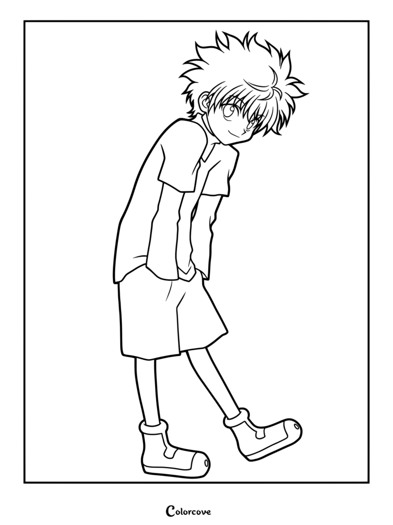 Page de coloriage de Killua Zoldik de Hunter x Hunter debout les mains dans les poches