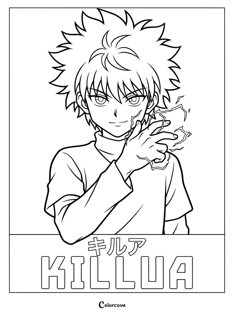 Page de coloriage de Hunter x Hunter représentant Killua invoquant de la foudre autour de sa main.