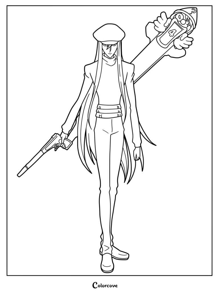 Page de coloriage de Kaito de Hunter x Hunter tenant un fusil et son arme numérotée