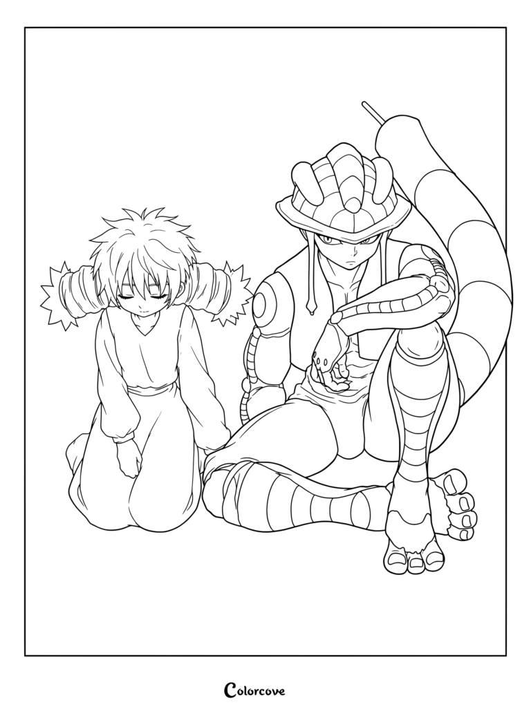 Komugi et Meruem assis ensemble tranquillement dans une page de coloriage de Hunter x Hunter à imprimer.