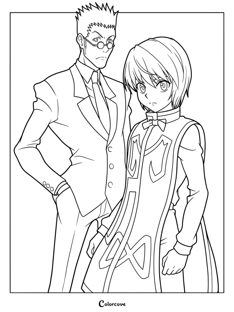 Page de coloriage de Kurapika et Leorio de Hunter x Hunter montrant les deux personnages debout ensemble.