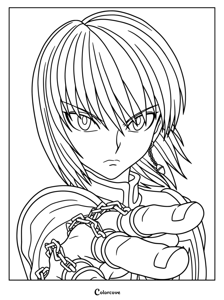 Page de coloriage des Yeux écarlates et de la Chaîne du Jugement de Kurapika dans Hunter x Hunter