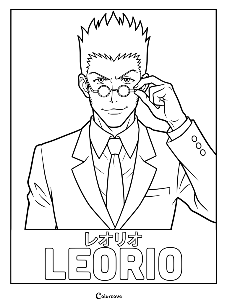 Page de coloriage de Hunter x Hunter représentant Leorio Paladnight ajustant ses lunettes rondes tout en portant un costume.