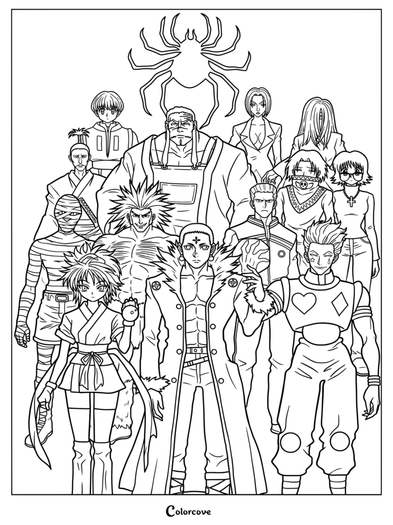 Page de coloriage de la Brigade Fantôme représentant Kuroro Lucifuru et des membres sous l'emblème de l'Araignée de Hunter x Hunter.