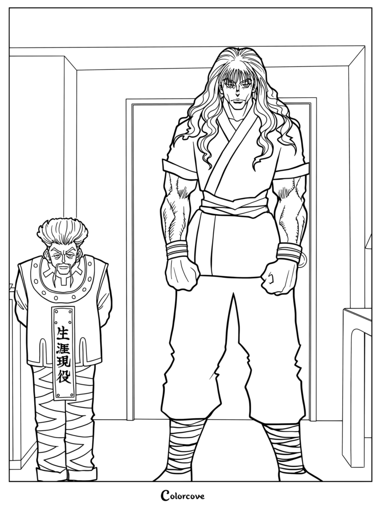 Silva Zoldik et Zeno Zoldik de Hunter x Hunter debout ensemble dans une page de coloriage au trait