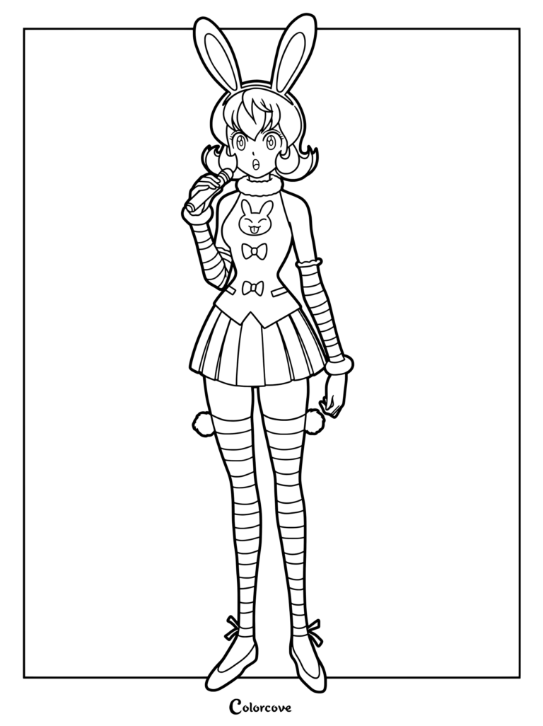 Pyon tenant un microphone dans une page de coloriage de Hunter x Hunter.