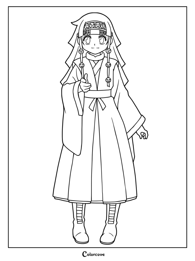 Aruka Zoldik de Hunter x Hunter portant des vêtements traditionnels dans une page de coloriage à imprimer