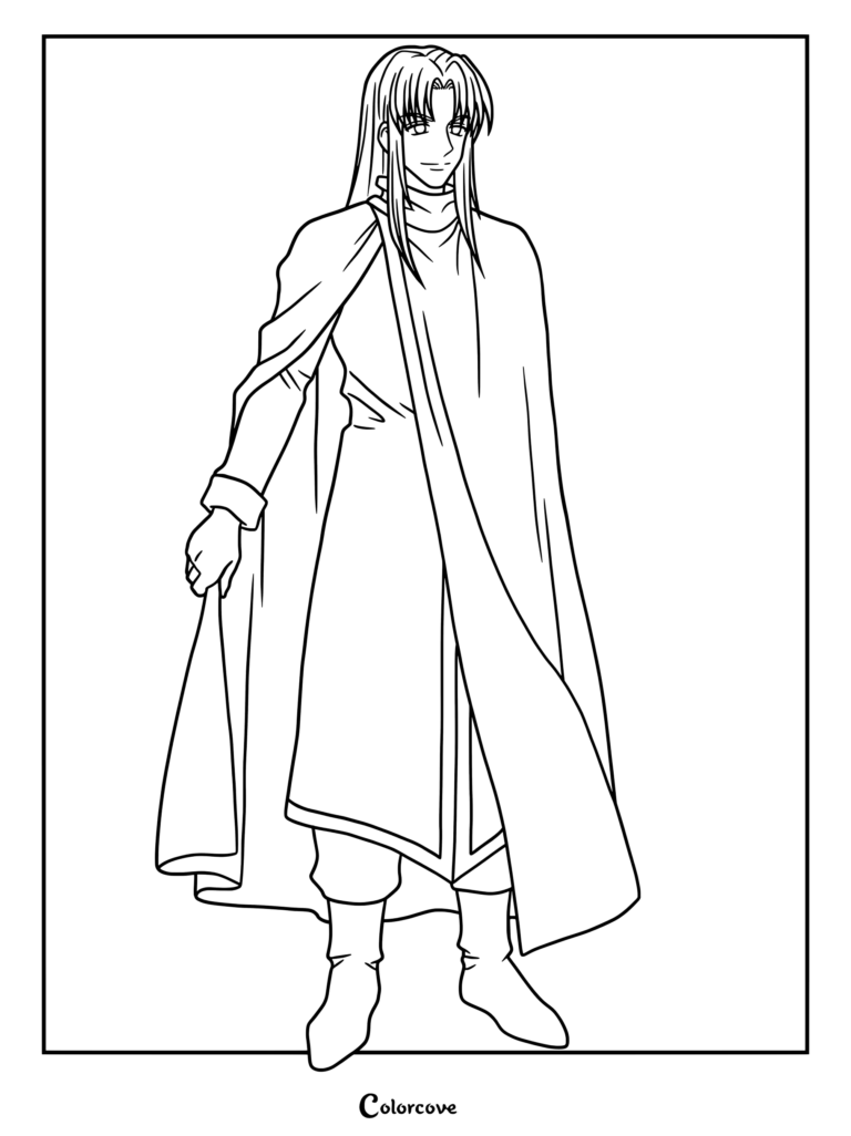 Kastro portant une longue cape et une tunique dans une page de coloriage de Hunter x Hunter à imprimer.