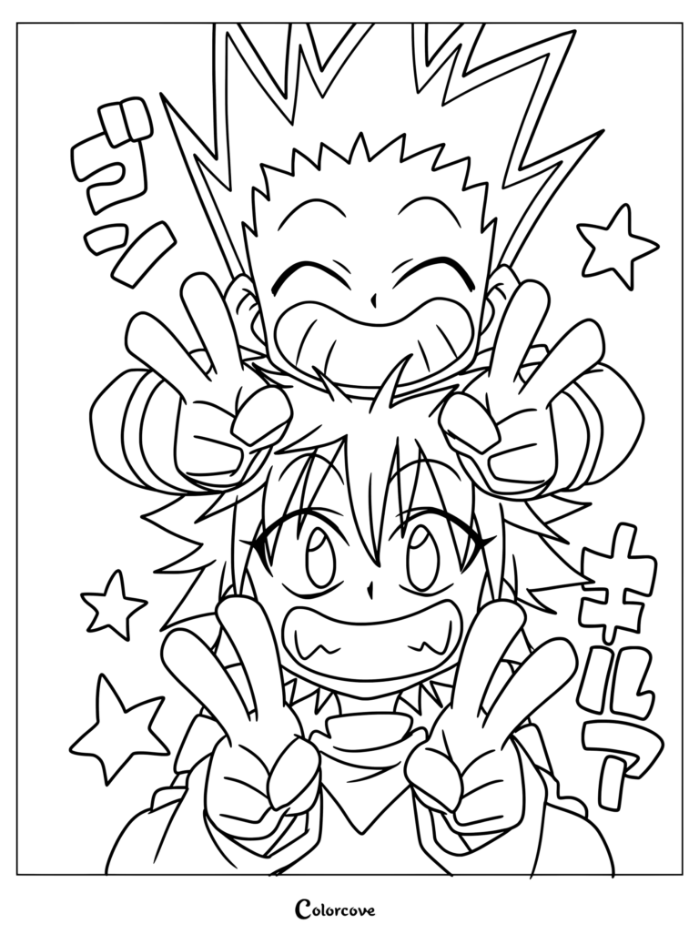 Coloriage de Gon Freecss et Killua Zoldik faisant le signe de la paix de Hunter x Hunter