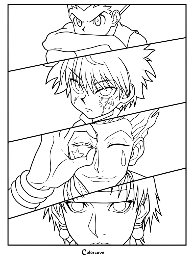 Coloriage de montage esthétique à panneaux multiples représentant Gon Freecss, Killua Zoldik, Hisoka Morow et Kuroro Lucifuru de Hunter x Hunter.