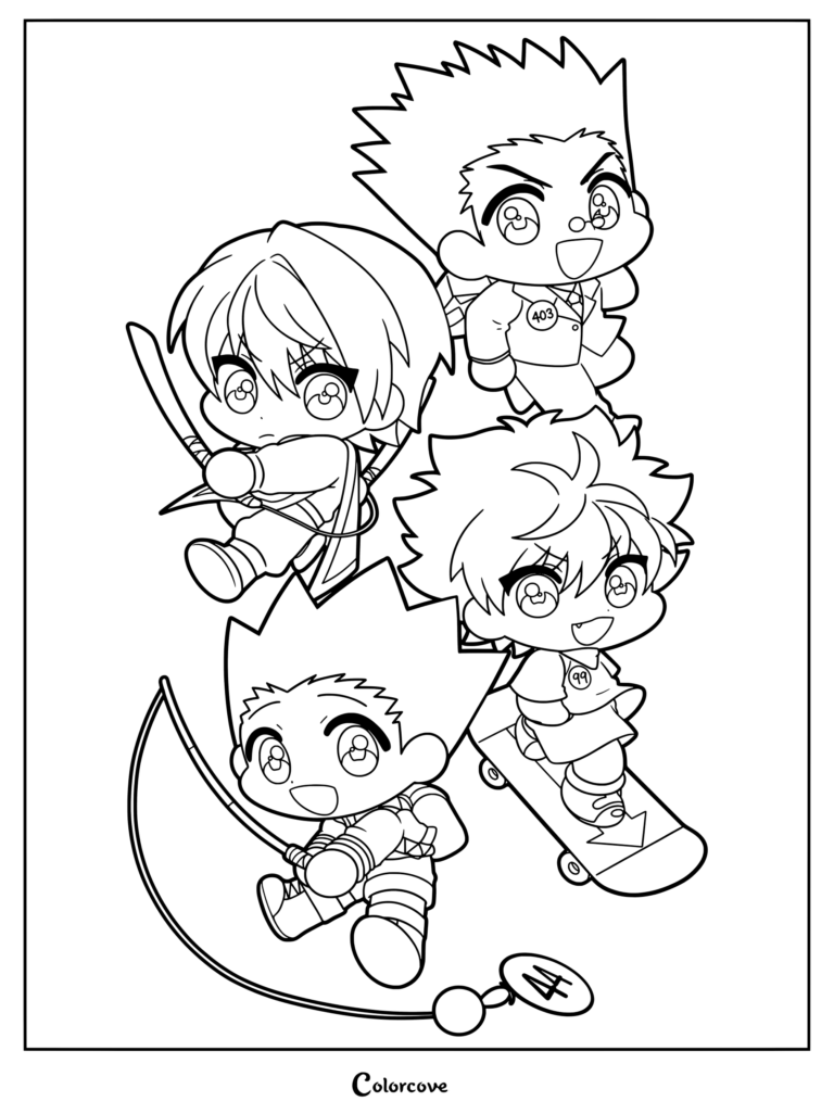 Coloriage d'art chibi représentant Gon Freecss, Killua Zoldik, Leorio et Kurapika de Hunter x Hunter.