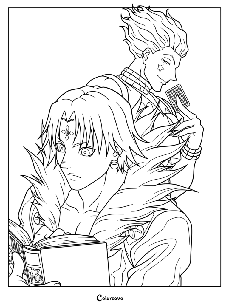Page de coloriage de Hunter x Hunter représentant Kuroro Lucifuru lisant un livre avec Hisoka Morow debout derrière lui tenant une carte à jouer