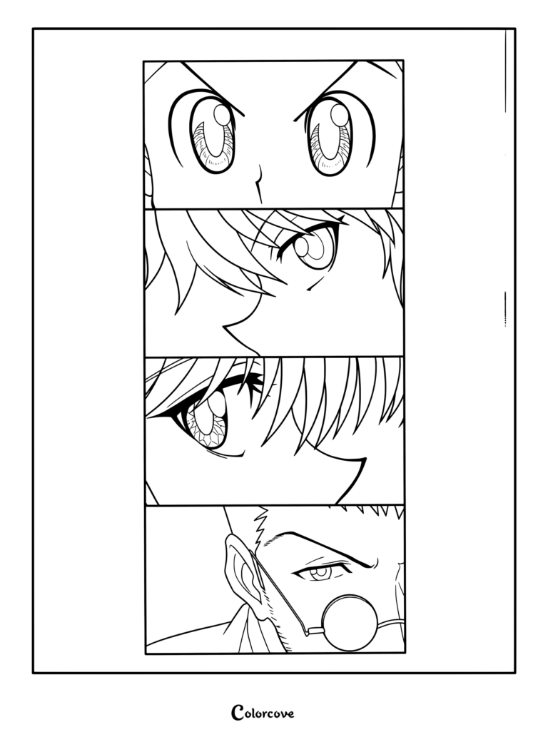 Coloriage en gros plan à panneaux multiples des personnages de Hunter x Hunter Gon Freecss, Killua Zoldik, Kurapika et Leorio Paladnight.