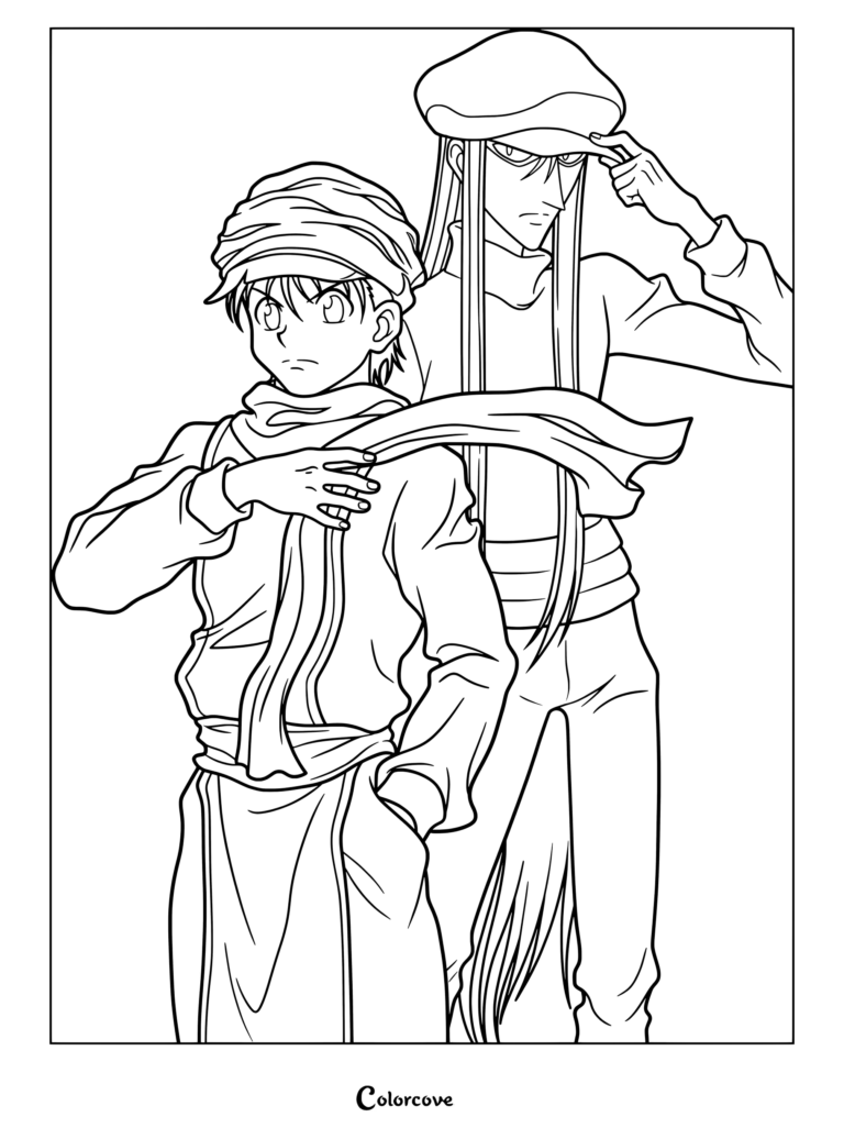 Page de coloriage à imprimer représentant un jeune Ging Freecss et Kaito de la série animée Hunter x Hunter.