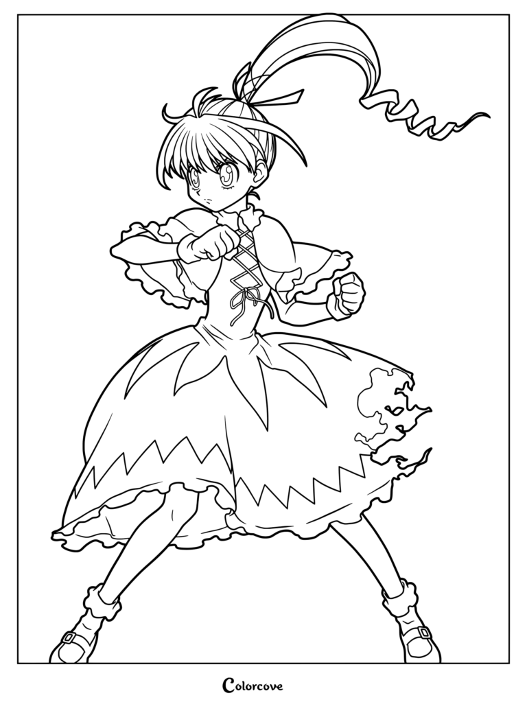 Page de coloriage de Biscuit Krueger de Hunter x Hunter prête pour le combat dans une robe à volants