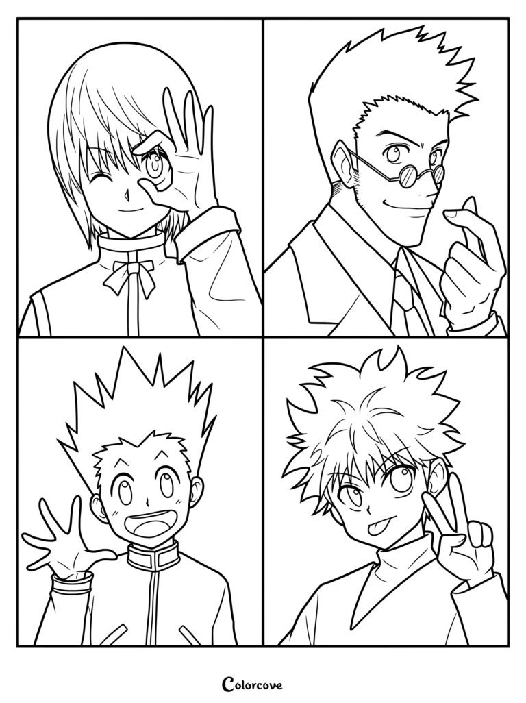 Coloriage Hunter x Hunter présentant un fan art des quatre personnages principaux Gon, Killua, Kurapika et Leorio.